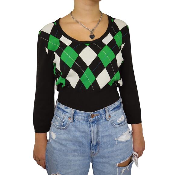 2000s Vintage Y2k Nine West Black & Green Preppy Argyle Sweater Large Scoopneck - Picture 6 of 6